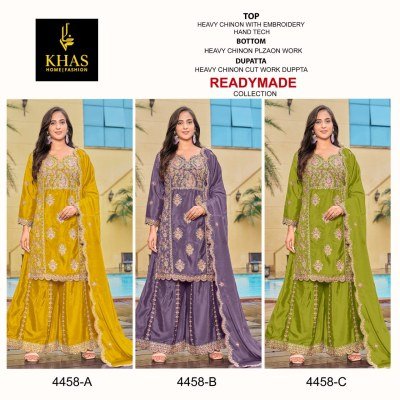 Khas D No 4458 Elegant Chinon Silk Embroidered Suit Set Top  Bottom And Dupatta Wholesale kurtis catalogs