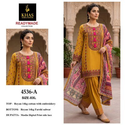 Khas DN 4536 Rayon Embroidered Kurti with Farshi Salwar and Muslin Dupatta Set salwar kameez catalogs