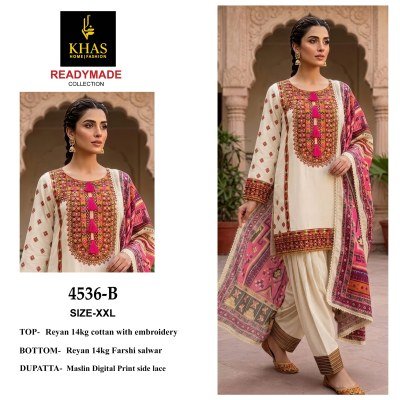 Khas DN 4536 Rayon Embroidered Kurti with Farshi Salwar and Muslin Dupatta Set readymade suit catalogs