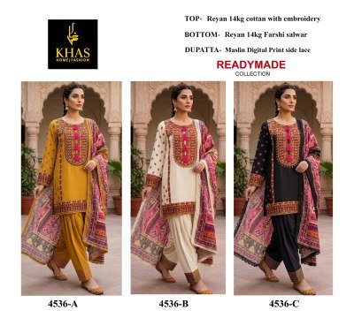 Khas DN 4536 Rayon Embroidered Kurti with Farshi Salwar and Muslin Dupatta Set readymade suit catalogs