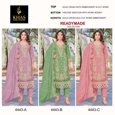 Khas Gold Crush 4443A 4443B 4443C Exclusive Designer Ensemble Kurti  Pants And Dupatta Wholesale kurtis catalogs
