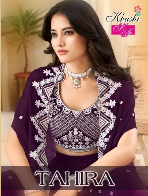 Khushi fashion by Tahira embroidered georgette shrug set with palazzo catalogue at low rate   Amavi