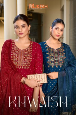 Khwaish by Mukesh reyon foil printed embroidered readymade suit catalogue at amaviexpo Amavi