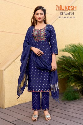 Khwaish by Mukesh reyon foil printed embroidered readymade suit catalogue at amaviexpo readymade suit catalogs