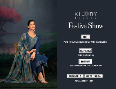 Kilory Trends Festive Show Collection Pure Muslin Jacquard Silk Unstitched Suit with Handwork And Digital Print Dupatta Wholesale dress material catalogs
