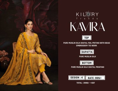 Kilory Trends  Kavira Pure Muslin Silk Unstitched Suit Set with Digital Foil Print, Beads Embroidery And Printed Dupatta Wholesale dress material catalogs