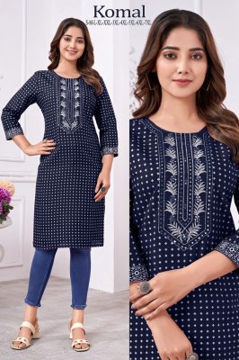 Komal presenting reyon foil printed embroidered kurti catalogue at wholesale price Amavi
