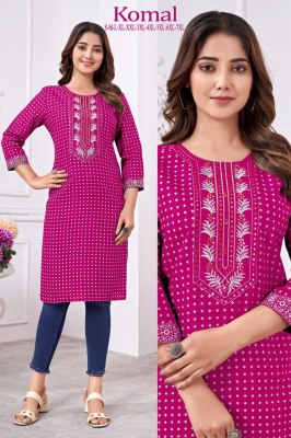 Komal presenting reyon foil printed embroidered kurti catalogue at wholesale price kurtis catalogs