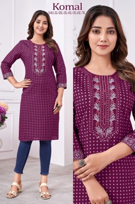 Komal presenting reyon foil printed embroidered kurti catalogue at wholesale price kurtis catalogs