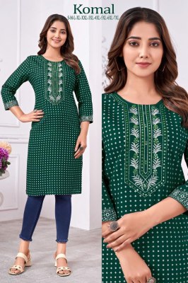 Komal presenting reyon foil printed embroidered kurti catalogue at wholesale price kurtis catalogs