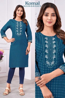 Komal presenting reyon foil printed embroidered kurti catalogue at wholesale price kurtis catalogs