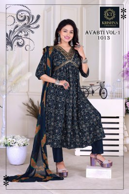 Krishna Trendz by Abanti vol 1 reyon printed flared kurti catalogue at wholesale price kurtis catalogs