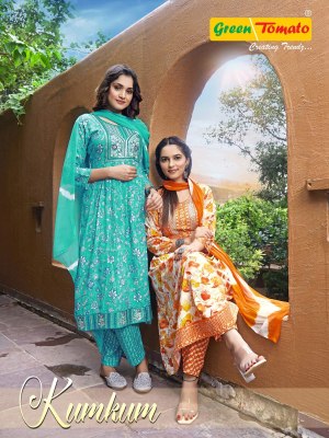 Kumkum by green tomoto reyon foil printed fancy kurti pant and dupatta catalogue at amaviexpo Amavi
