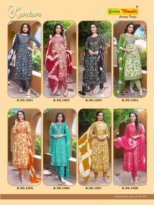 Kumkum by green tomoto reyon foil printed fancy kurti pant and dupatta catalogue at amaviexpo readymade suit catalogs
