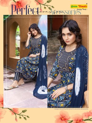 Kumkum by green tomoto reyon foil printed fancy kurti pant and dupatta catalogue at amaviexpo readymade suit catalogs