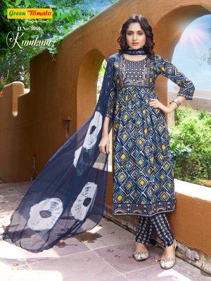 Kumkum by green tomoto reyon foil printed fancy kurti pant and dupatta catalogue at amaviexpo readymade suit catalogs