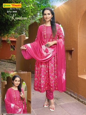 Kumkum by green tomoto reyon foil printed fancy kurti pant and dupatta catalogue at amaviexpo readymade suit catalogs