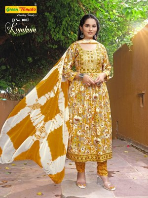 Kumkum by green tomoto reyon foil printed fancy kurti pant and dupatta catalogue at amaviexpo readymade suit catalogs