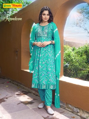 Kumkum by green tomoto reyon foil printed fancy kurti pant and dupatta catalogue at amaviexpo readymade suit catalogs