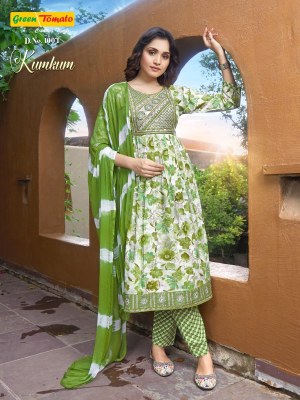 Kumkum by green tomoto reyon foil printed fancy kurti pant and dupatta catalogue at amaviexpo readymade suit catalogs
