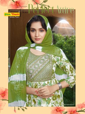 Kumkum by green tomoto reyon foil printed fancy kurti pant and dupatta catalogue at amaviexpo readymade suit catalogs