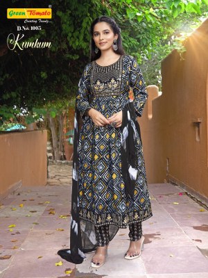 Kumkum by green tomoto reyon foil printed fancy kurti pant and dupatta catalogue at amaviexpo readymade suit catalogs