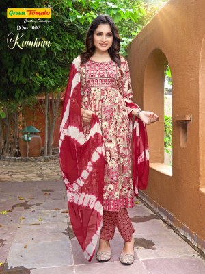 Kumkum by green tomoto reyon foil printed fancy kurti pant and dupatta catalogue at amaviexpo readymade suit catalogs