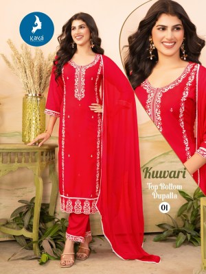 Kuwari by Kaya Reyon 3 Piece Straight cut top bottom and dupatta collection at low rate readymade suit catalogs