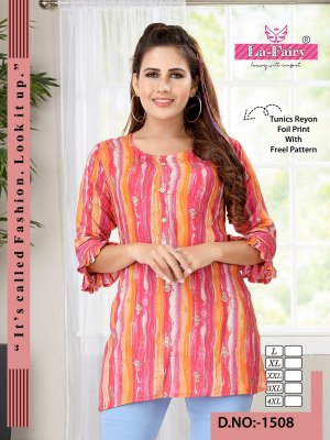 La fairy present reyon foil printed tunics catalogue at affordable rate western wear catalogs