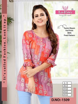 La fairy present reyon foil printed tunics catalogue at affordable rate western wear catalogs