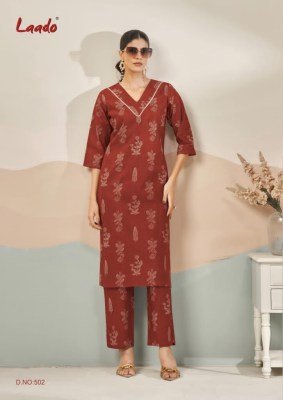 Laado Kavya Vol 5 Heavy Cotton Printed Kurti Catalogs Long Cord Set Top with Lace Printed Plazzo Pants Wholesale Kavya 