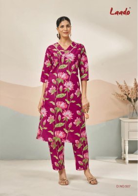 Laado Kavya Vol 5 Heavy Cotton Printed Kurti Catalogs Long Cord Set Top with Lace Printed Plazzo Pants Wholesale kurtis catalogs