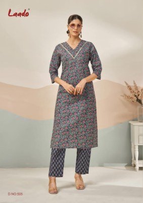 Laado Kavya Vol 5 Heavy Cotton Printed Kurti Catalogs Long Cord Set Top with Lace Printed Plazzo Pants Wholesale kurtis catalogs