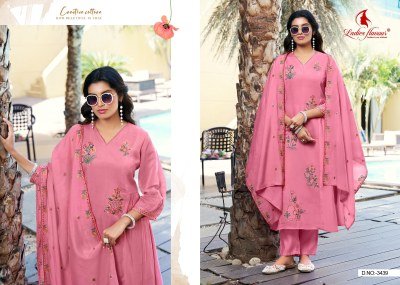 Ladies Flyover D. No. 3438 to 3440 Mull Chanderi Embroidered Kurti Pant with Dupatta 