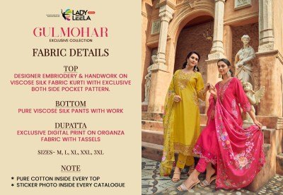 Lady Leela Gulmohar Viscose Silk Kurti Pant with Digital Organza Dupatta readymade suit catalogs