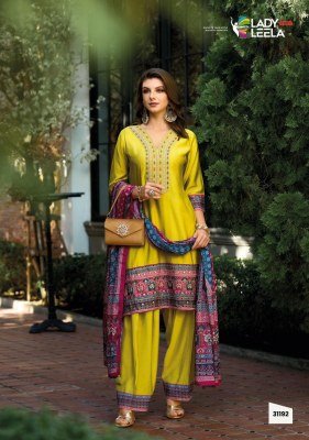 Lady Leela Khwab Designer Kurti Set Viscose Silk Embroidery with Farshi Pants And Chinon Dupatta Wholesale Product kurtis catalogs