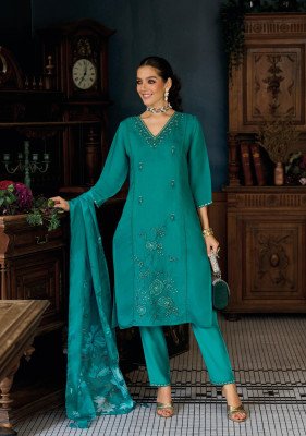 Lady Leela Saiyaara Embroidered Chanderi Kurta Set with Silk Pants And Organza Dupatta Wholesale kurtis catalogs