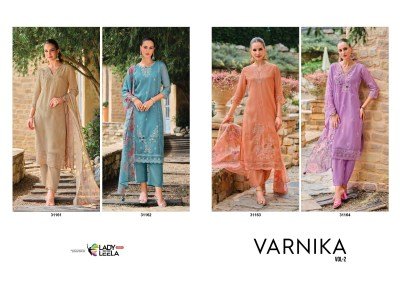Lady Leela Varnika 2 Designer Embroidery Organza Top with Pure Viscose Silk Pant And Organza Digital Print Dupatta Wholesale kurtis catalogs