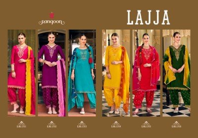 Lajja by Rangoon Muslin Fancy Embroidered Top bottom with Dupatta catalogue readymade suit catalogs