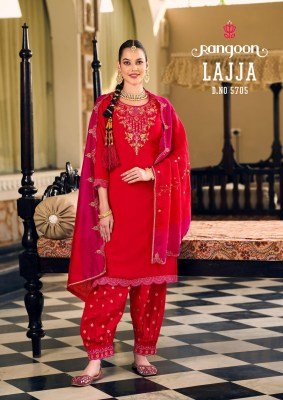 Lajja by Rangoon Muslin Fancy Embroidered Top bottom with Dupatta catalogue readymade suit catalogs