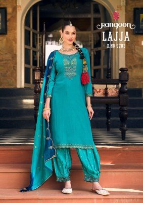 Lajja by Rangoon Muslin Fancy Embroidered Top bottom with Dupatta catalogue readymade suit catalogs
