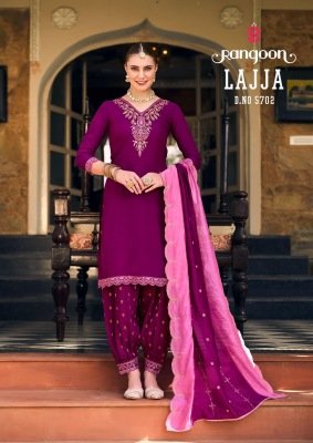 Lajja by Rangoon Muslin Fancy Embroidered Top bottom with Dupatta catalogue readymade suit catalogs