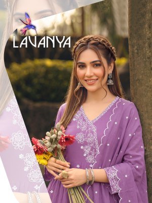 Lavanya 3PCS Heavy Roman Silk Kurti Pant with Cut Work Embroidered Dupatta wholesale catalogs