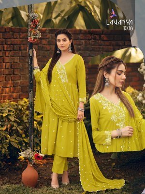 Lavanya 3PCS Heavy Roman Silk Kurti Pant with Cut Work Embroidered Dupatta kurti pant with dupatta Catalogs
