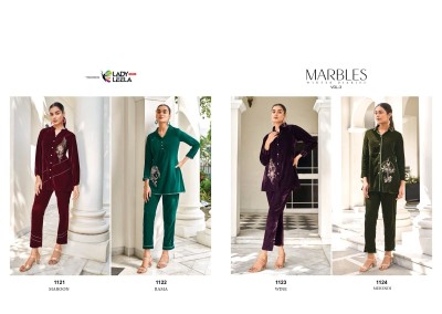 Ledy leela winter dairias by marbels 3 super quality velvet fabric with pure handwork co ord catalog at wholesale price   co ord set catalogs