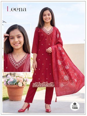 Leena Kids Range 3-Piece Roman Plain Kurti Pant with Digital Dupatta Size wise Combo Set