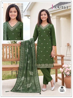Leena Kids Range 3-Piece Roman Plain Kurti Pant with Digital Dupatta Size wise Combo Set