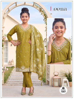 Leena Kids Range 3-Piece Roman Plain Kurti Pant with Digital Dupatta Size wise Combo Set