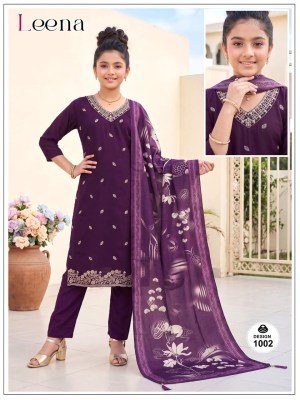 Leena Kids Range 3-Piece Roman Plain Kurti Pant with Digital Dupatta Size wise Combo Set