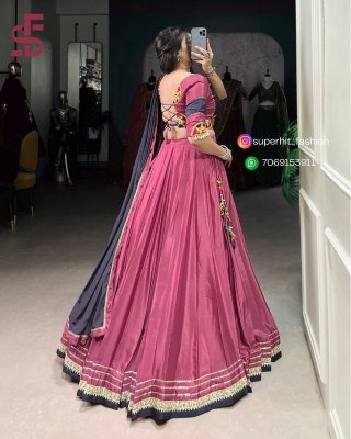  Lehenga Choli 1656 Pink Colour silk crepe fabric with sequins, thread embroidery, original mirror Gamthi work, cowrie Kodi, and Gotta Patti lace Who lehenga choli